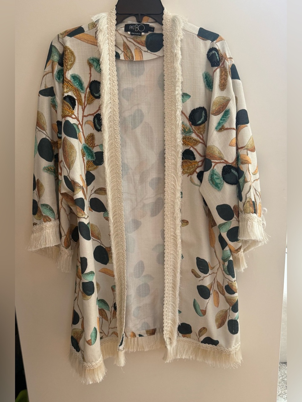 PatBO Cream Floral Embroidered Open Front Kimono Jacket